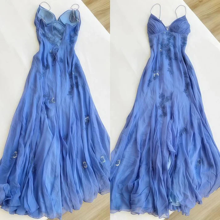 Pretty Spaghetti Straps V-neck Beaded Backless Prom Dresses Party Dresses ED01485
