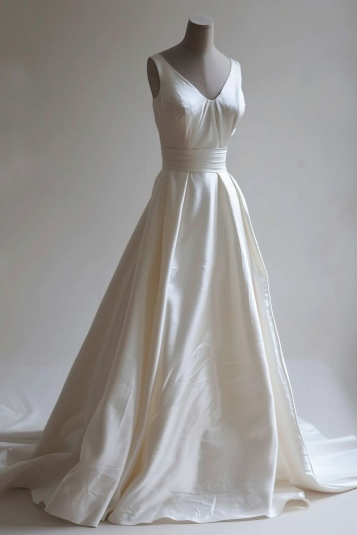 Weißes A-Linie V-Ausschnitt Satin Schleppe Langes Ballkleid Schlichtes Brautkleid ED01486