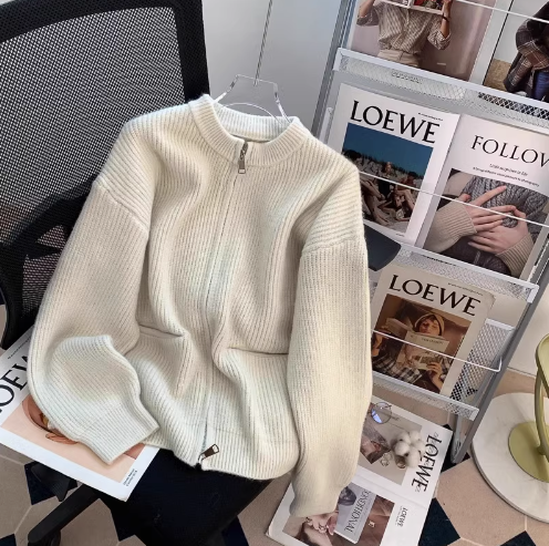 Lazy style double-head zipper soft waxy sweater jacket loose casual outer wear knitted cardigan ED0148