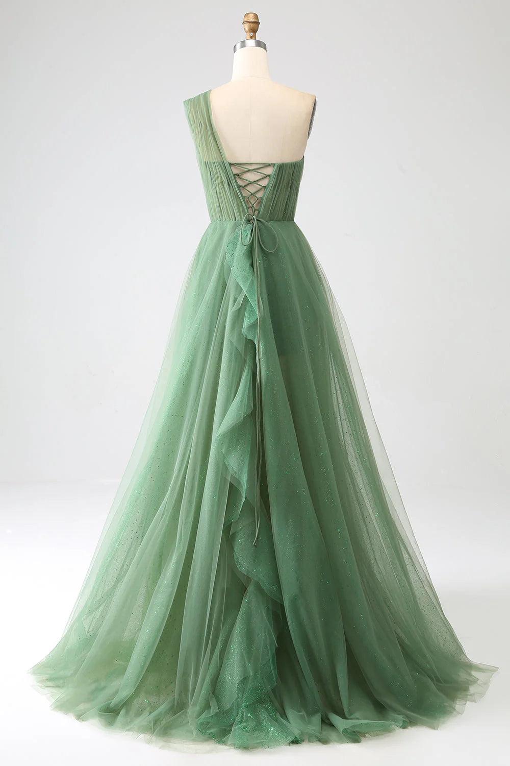Robe de bal longue en tulle vert foncé, coupe trapèze, asymétrique, paillettes, ED01492