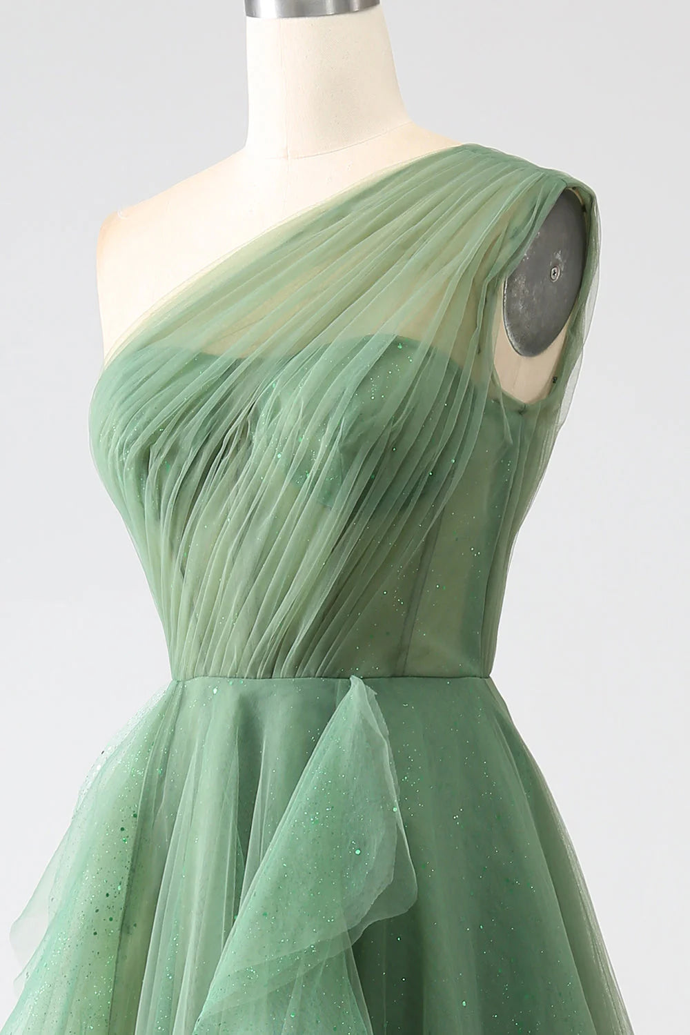Robe de bal longue en tulle vert foncé, coupe trapèze, asymétrique, paillettes, ED01492