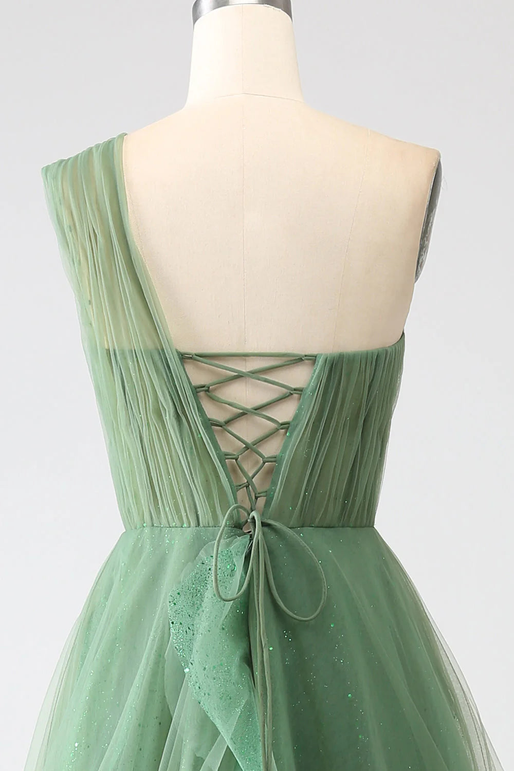 Robe de bal longue en tulle vert foncé, coupe trapèze, asymétrique, paillettes, ED01492