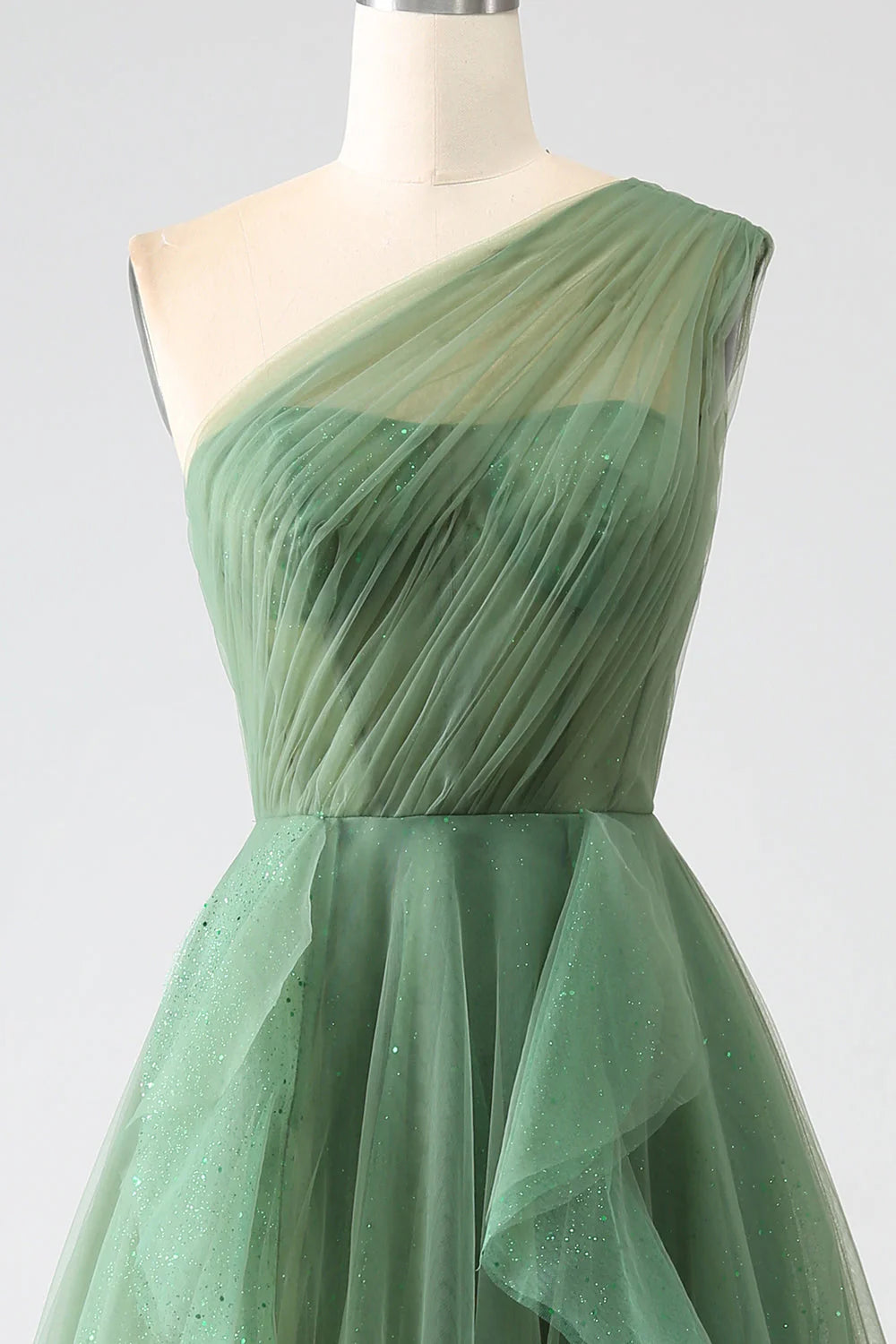 Robe de bal longue en tulle vert foncé, coupe trapèze, asymétrique, paillettes, ED01492