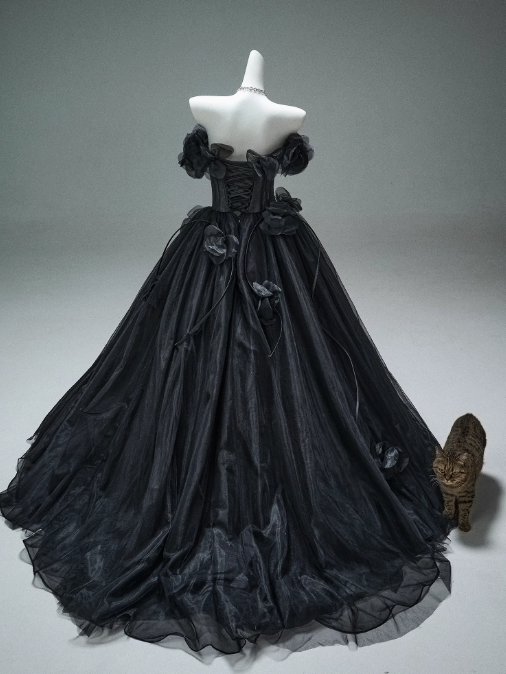 Robe de bal longue noire en tulle à épaules dénudées et appliques 3D, robe de cérémonie pour adultes, ED01498