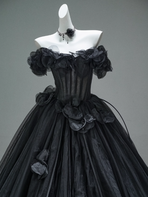 Robe de bal longue noire en tulle à épaules dénudées et appliques 3D, robe de cérémonie pour adultes, ED01498