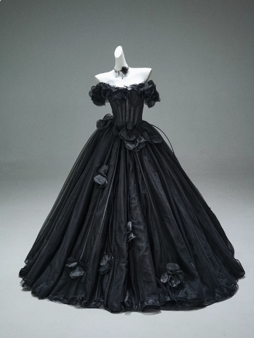 Robe de bal longue noire en tulle à épaules dénudées et appliques 3D, robe de cérémonie pour adultes, ED01498