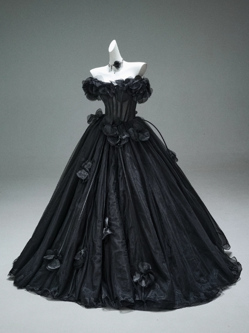 Robe de bal longue noire en tulle à épaules dénudées et appliques 3D, robe de cérémonie pour adultes, ED01498