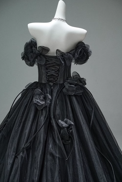 Robe de bal longue noire en tulle à épaules dénudées et appliques 3D, robe de cérémonie pour adultes, ED01498