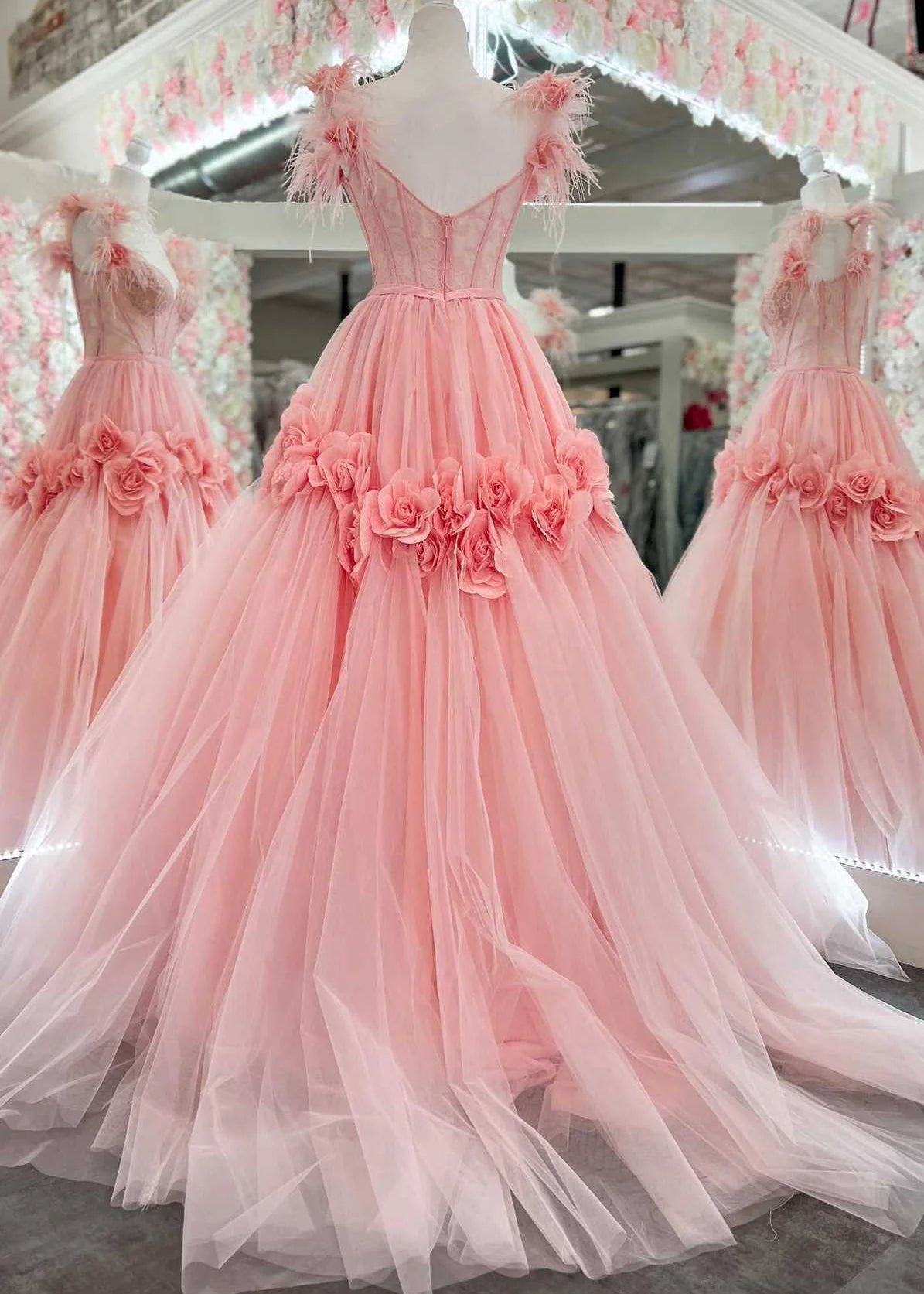 Robe de bal longue rose trapèze en tulle et dentelle, épaules dénudées, robe Sweet 16 ED01500