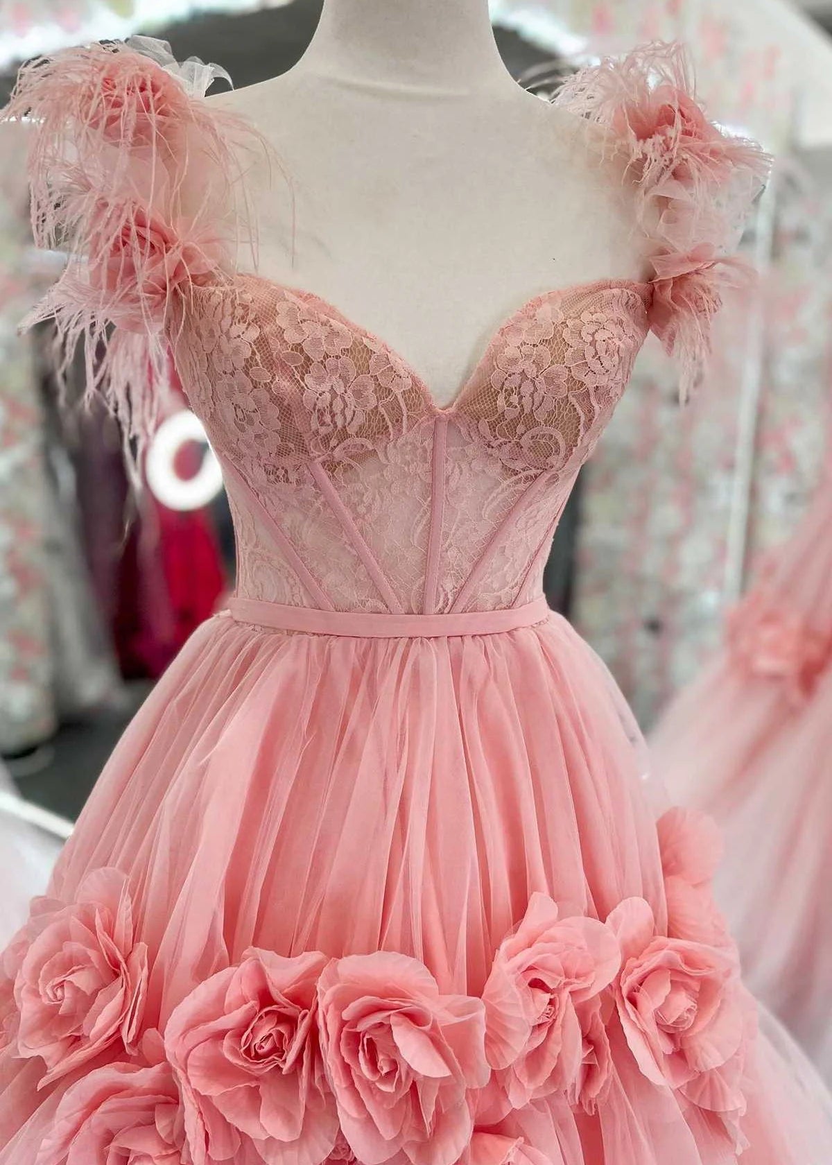 Robe de bal longue rose trapèze en tulle et dentelle, épaules dénudées, robe Sweet 16 ED01500