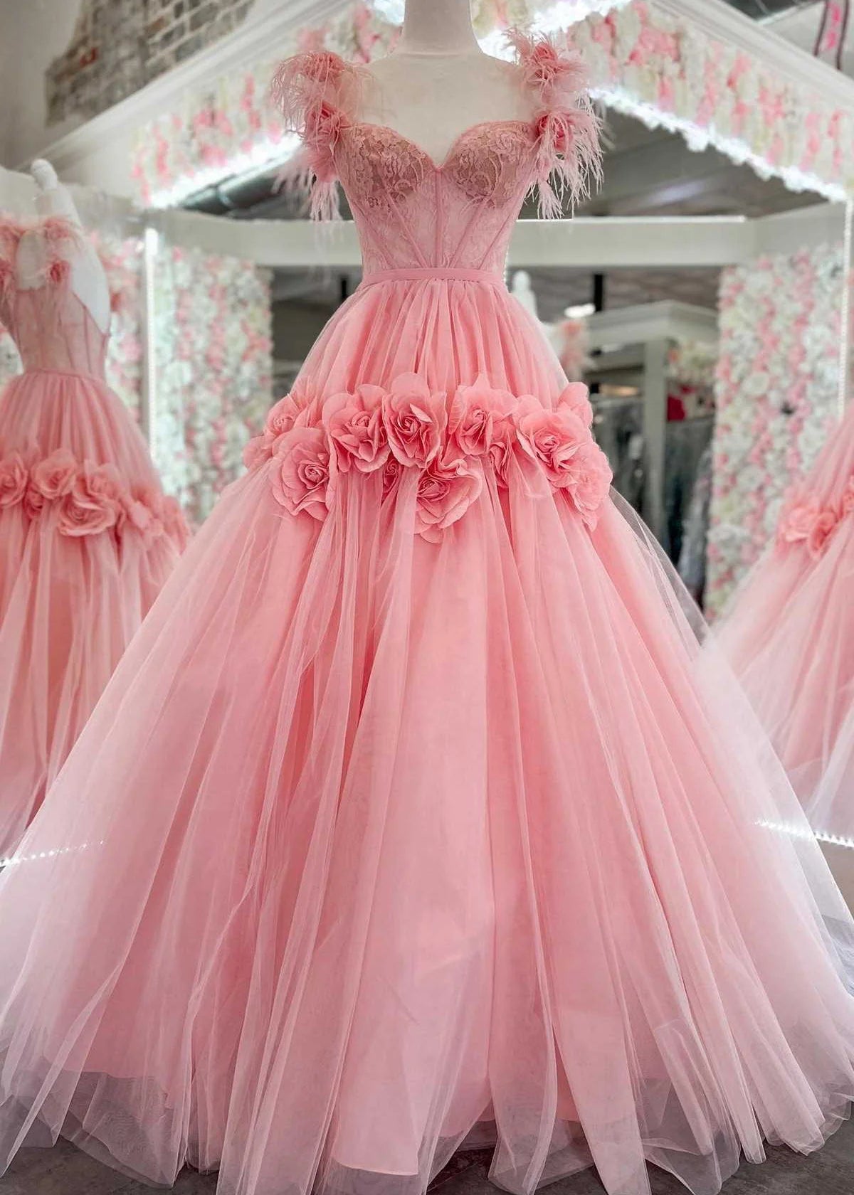 Robe de bal longue rose trapèze en tulle et dentelle, épaules dénudées, robe Sweet 16 ED01500