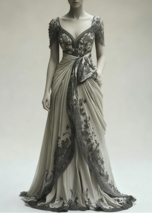 Robe de bal longue vintage trapèze à col en V et dentelle appliquée avec voile ED01503