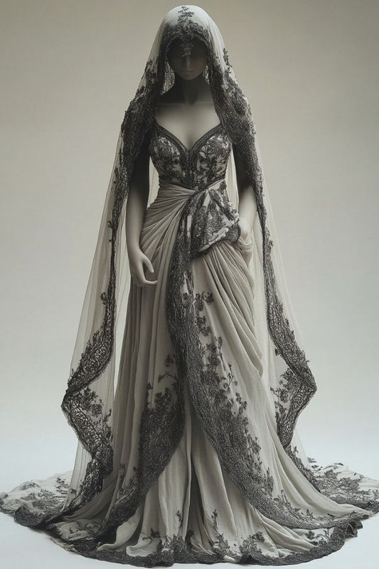 Robe de bal longue vintage trapèze à col en V et dentelle appliquée avec voile ED01503
