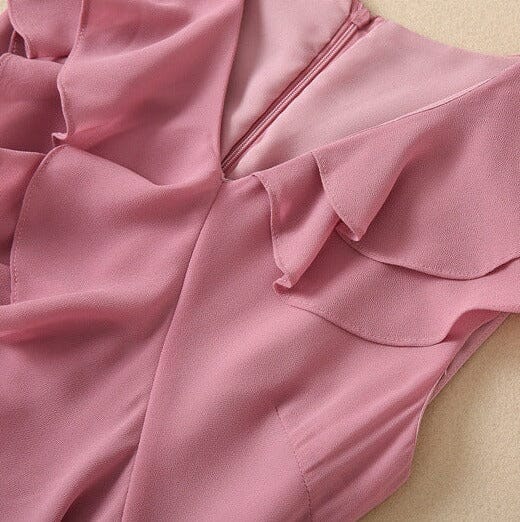 Pink V-Neck Chiffon Pleated Sleeveless Back Zippered Long Prom Dress Beautiful Party Dress ED01514