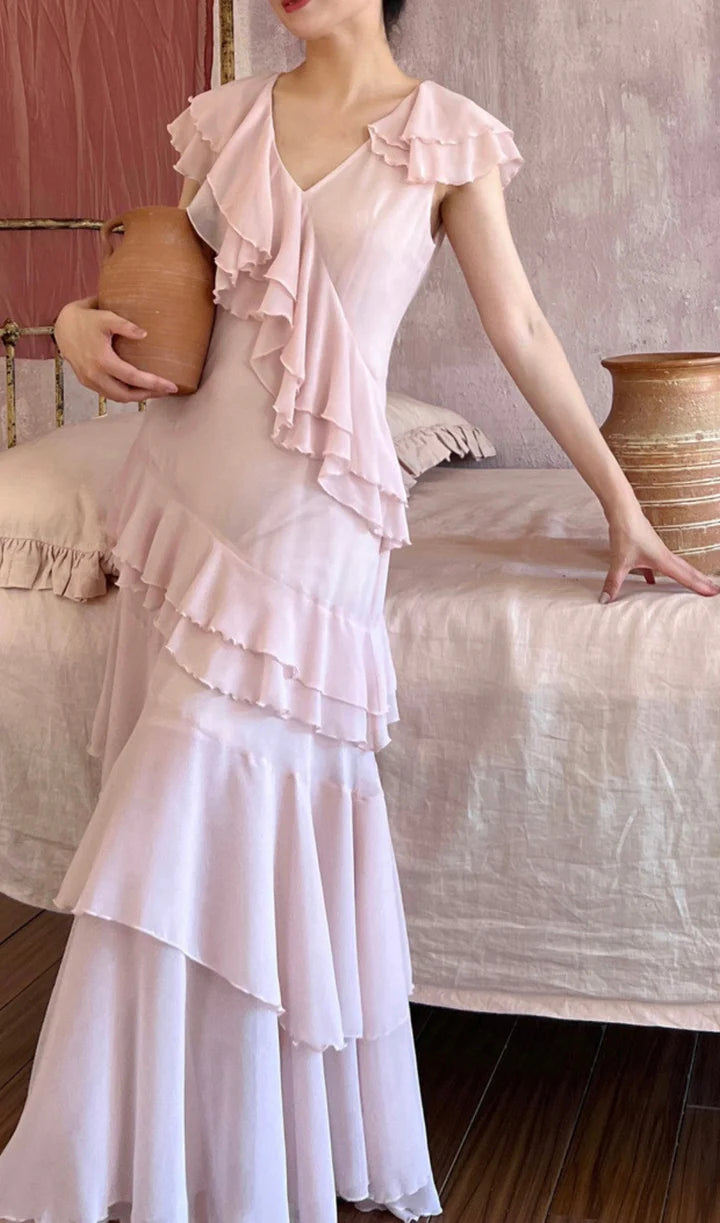 Pink V-Neck Chiffon Pleated Sleeveless Back Zippered Long Prom Dress Beautiful Party Dress ED01514