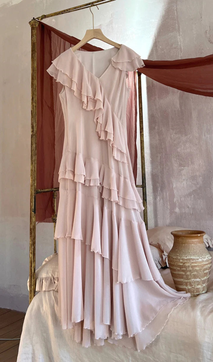 Pink V-Neck Chiffon Pleated Sleeveless Back Zippered Long Prom Dress Beautiful Party Dress ED01514