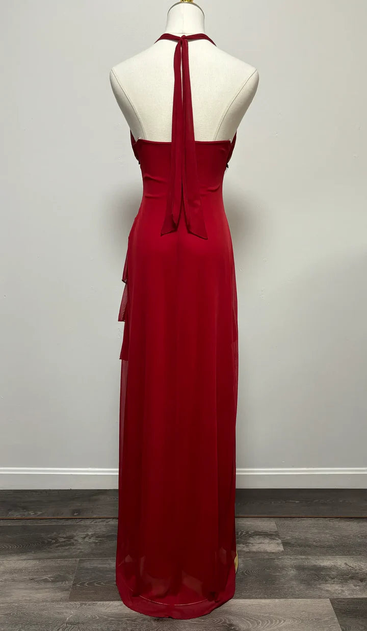 Burgunderrotes A-Linien-Neckholder-Chiffon-Ballkleid mit V-Ausschnitt und rückenfreiem Rücken, Brautjungfernkleid mit Knöchellänge ED01515