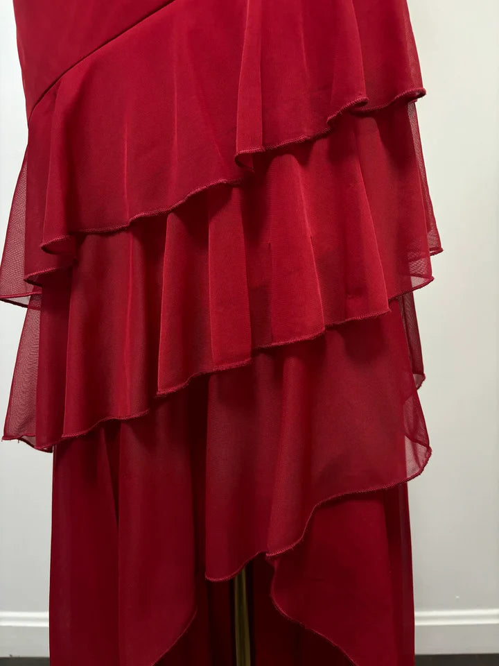 Burgunderrotes A-Linien-Neckholder-Chiffon-Ballkleid mit V-Ausschnitt und rückenfreiem Rücken, Brautjungfernkleid mit Knöchellänge ED01515
