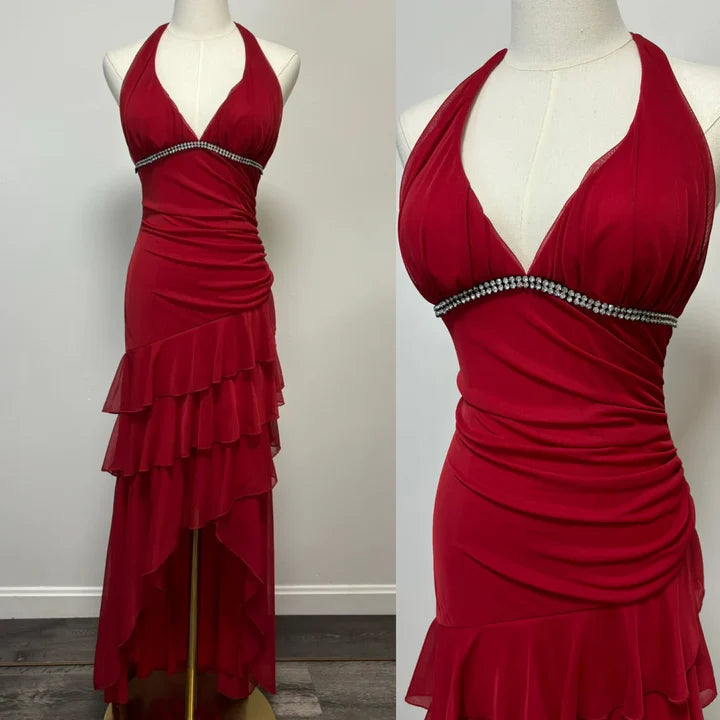 Burgunderrotes A-Linien-Neckholder-Chiffon-Ballkleid mit V-Ausschnitt und rückenfreiem Rücken, Brautjungfernkleid mit Knöchellänge ED01515