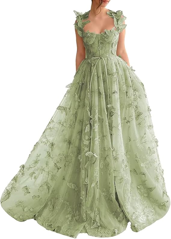Sage Green A-Line Tulle Spaghetti Straps 3D Butterfly Long Prom Dress Sweet Adult Graduation Prom Dress ED01518