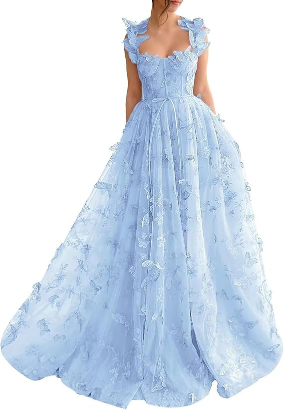 Sage Green A-Line Tulle Spaghetti Straps 3D Butterfly Long Prom Dress Sweet Adult Graduation Prom Dress ED01518
