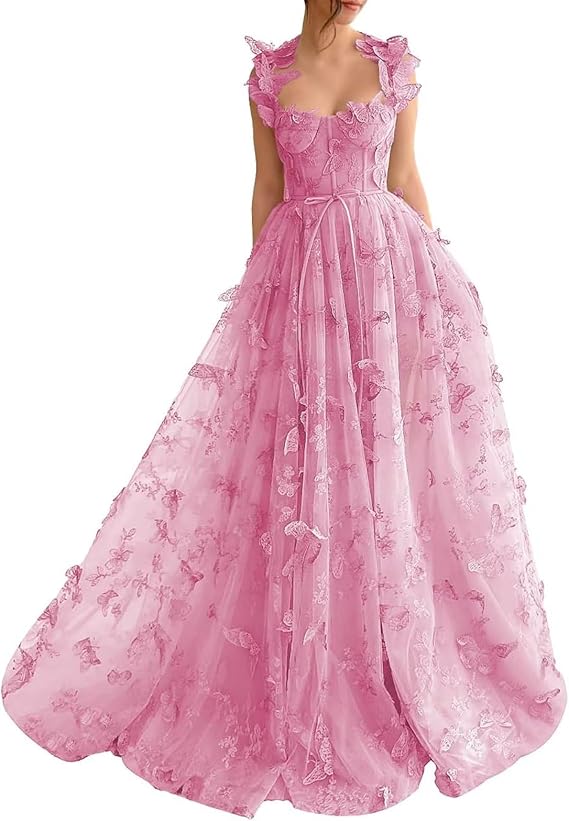 Sage Green A-Line Tulle Spaghetti Straps 3D Butterfly Long Prom Dress Sweet Adult Graduation Prom Dress ED01518