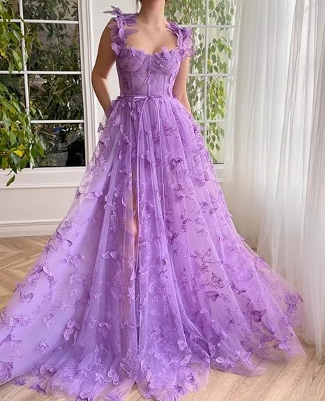 Sage Green A-Line Tulle Spaghetti Straps 3D Butterfly Long Prom Dress Sweet Adult Graduation Prom Dress ED01518