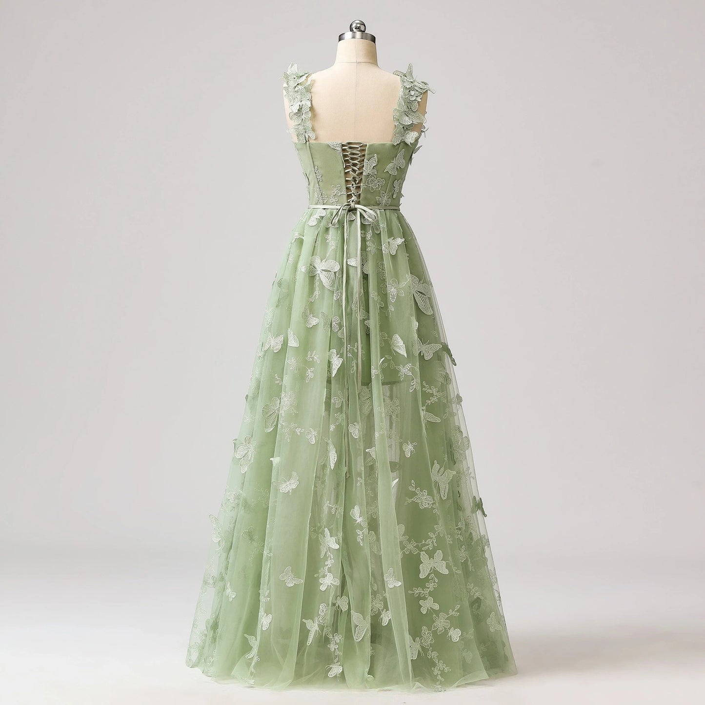 Sage Green A-Line Tulle Spaghetti Straps 3D Butterfly Long Prom Dress Sweet Adult Graduation Prom Dress ED01518
