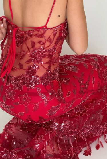 Red Mermaid Spaghetti Straps Tulle Lace Long Prom Dress Sexy Birthday Dress ED01519