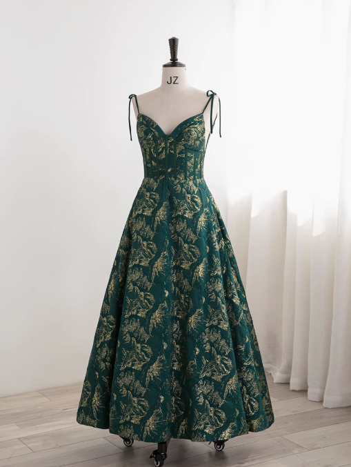 Dark Green A-line Spaghetti Strap Satin Long Prom Dress Sweetheart Neckline Retro Bridal Dress ED01523