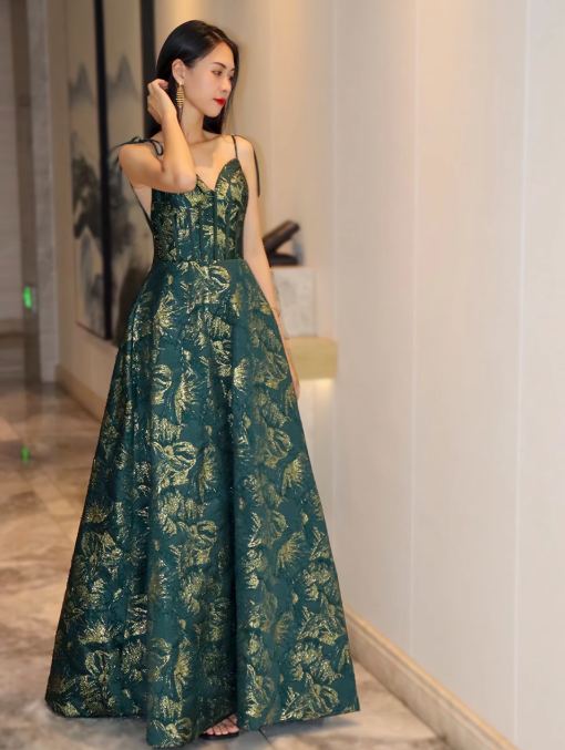 Dark Green A-line Spaghetti Strap Satin Long Prom Dress Sweetheart Neckline Retro Bridal Dress ED01523