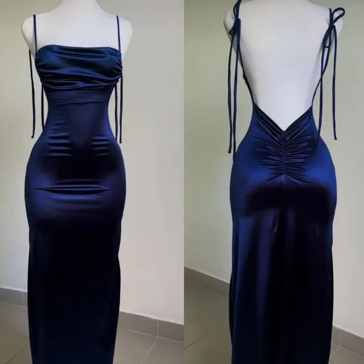 Navy Blue Spaghetti Strap Bodycon Satin Elegant Prom Dress Backless Party Dress