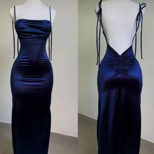 Navy Blue Spaghetti Strap Bodycon Satin  Elegant Prom Dress Backless Party Dress