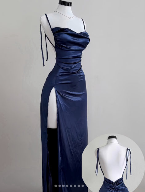 Robe de bal moulante en satin bleu marine à bretelles spaghetti, élégante, dos nu, ED01531