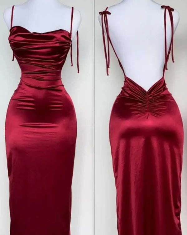 Red Spaghetti Strap Bodycon Satin Elegant Prom Dress Backless Party Dress