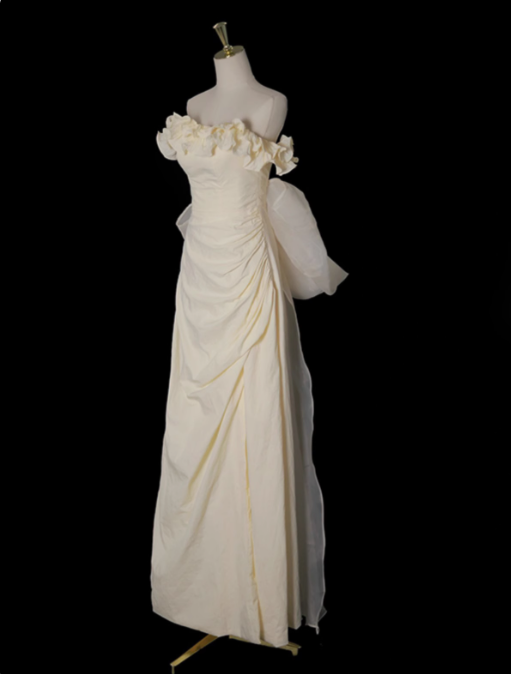 Hellgelbes A-Linien-Satin-Off-Shoulder-Tüll-Langballkleid Abschlussballkleid Hochzeitskleid ED01536