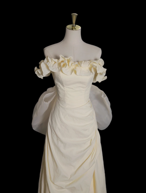 Hellgelbes A-Linien-Satin-Off-Shoulder-Tüll-Langballkleid Abschlussballkleid Hochzeitskleid ED01536