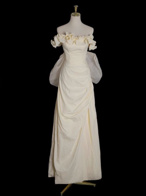 Hellgelbes A-Linien-Satin-Off-Shoulder-Tüll-Langballkleid Abschlussballkleid Hochzeitskleid ED01536