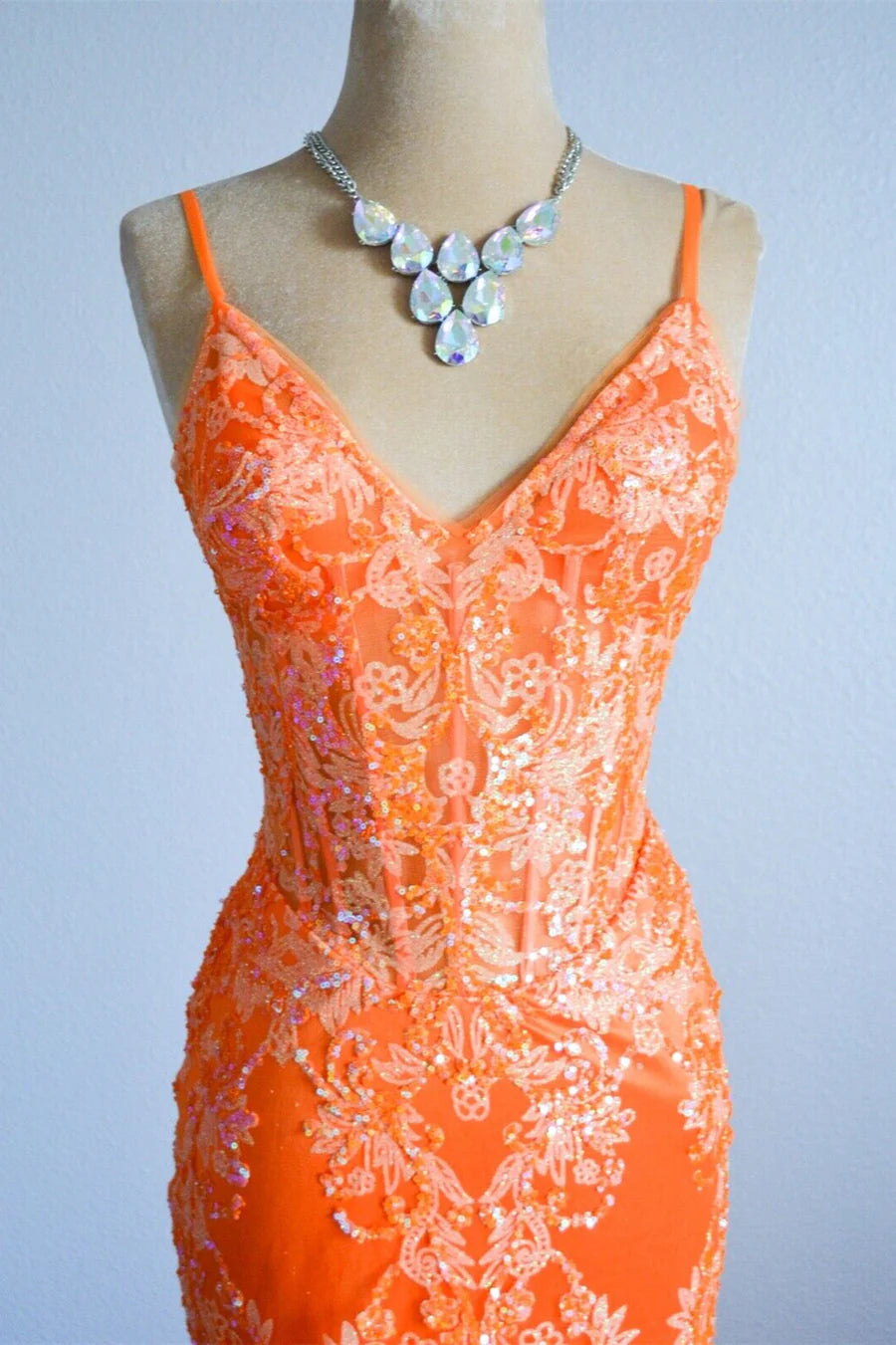 Orange Mermaid Spaghetti Straps Sequins Applique Long Prom Dress Tulle Evening Dress ED01539