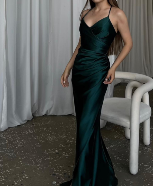 Elegant Dark Green Mermaid Spaghetti Strap Satin Long Prom Dress ED01542