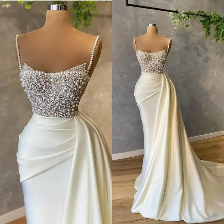 Mermaid Satin Spaghetti strap Sweetheart Sequined Beaded Long Prom Dress Gorgeous Evening Dress ED01545