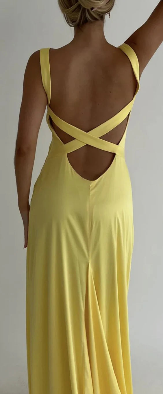 Robe de bal longue jaune simple à col en V et dos nu, style sirène ED01547