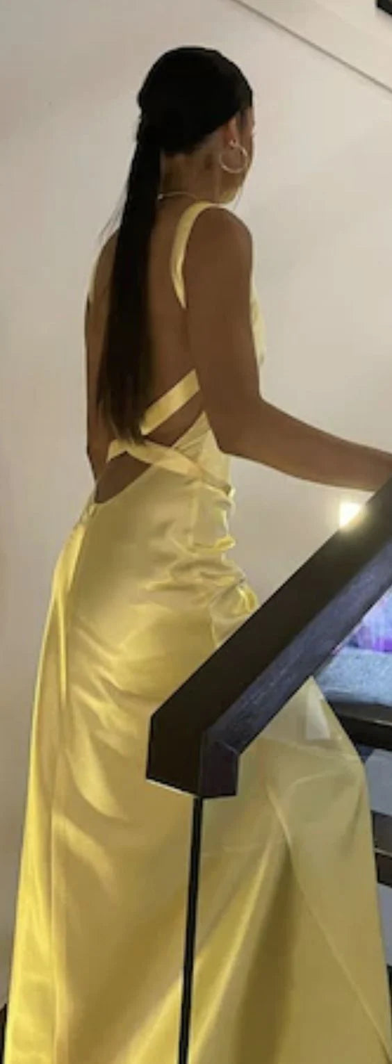 Robe de bal longue jaune simple à col en V et dos nu, style sirène ED01547