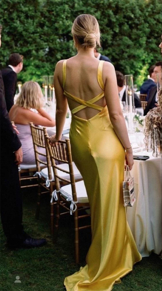 Robe de bal longue jaune simple à col en V et dos nu, style sirène ED01547