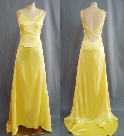 Robe de bal longue jaune simple à col en V et dos nu, style sirène ED01547