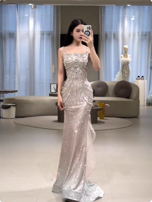 Spaghetti Straps Mermaid Beading Satin Long Prom Dress Rhinestone Formal Evening Dress ED01550