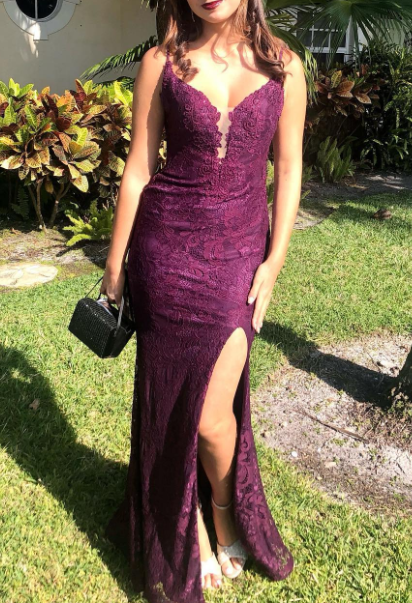 Elegant Mermaid Formal Dresses Under $170💜 Charming Grape Spaghetti Straps Applique Long Backless Prom Dress With Slit ED01559