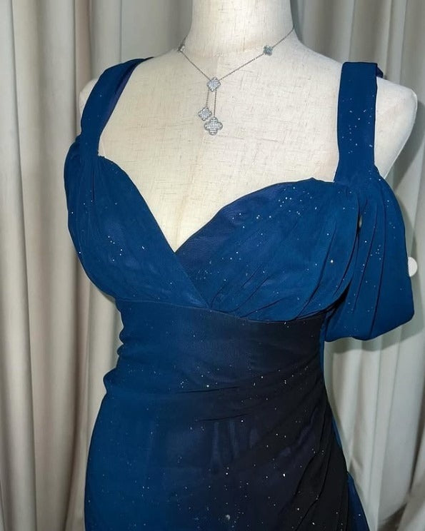 Glitter ✨Gradient Blue Prom Dress for Birthday&Party-Elegant V-neck Spaghetti Straps Evening Dress