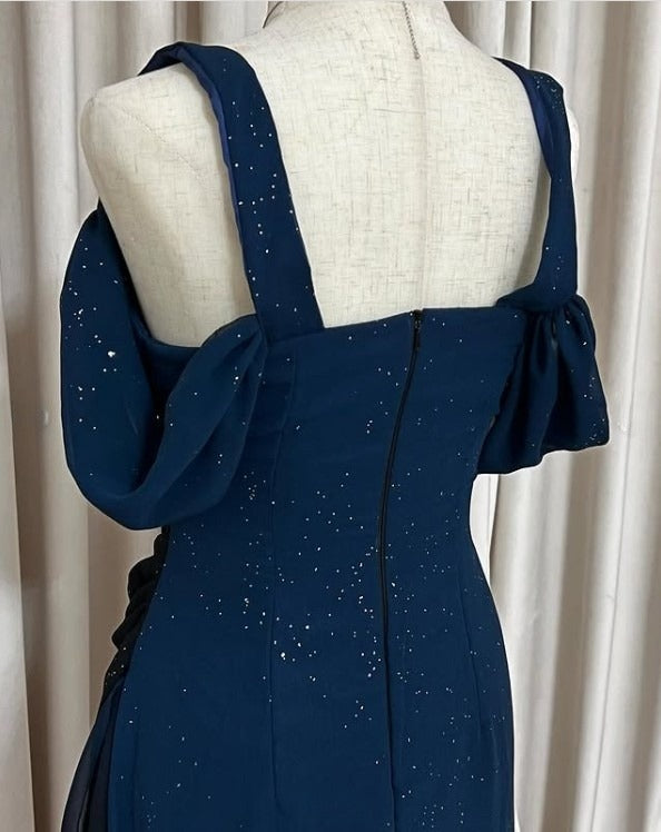 Glitter ✨Gradient Blue Prom Dress for Birthday&Party-Elegant V-neck Spaghetti Straps Evening Dress