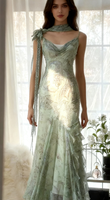 Elegant Green Mermaid Formal Dresses Beaded Chiffon Open Back Long Prom Dresses Spaghetti Straps Guest Dresses ED01564